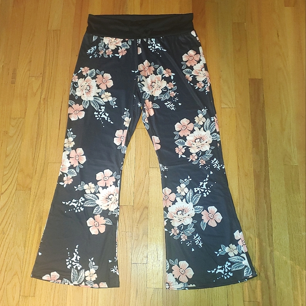Black Floral Lounge Pants Drawstring Wide Leg Pajama Pants Women's 2X